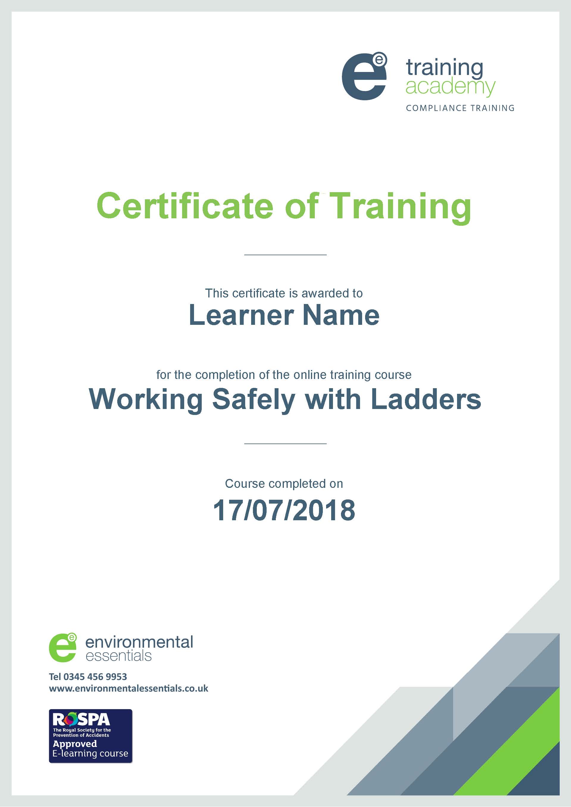 ROSPA Working Safely with Ladders Environmental Essentials eLearning
